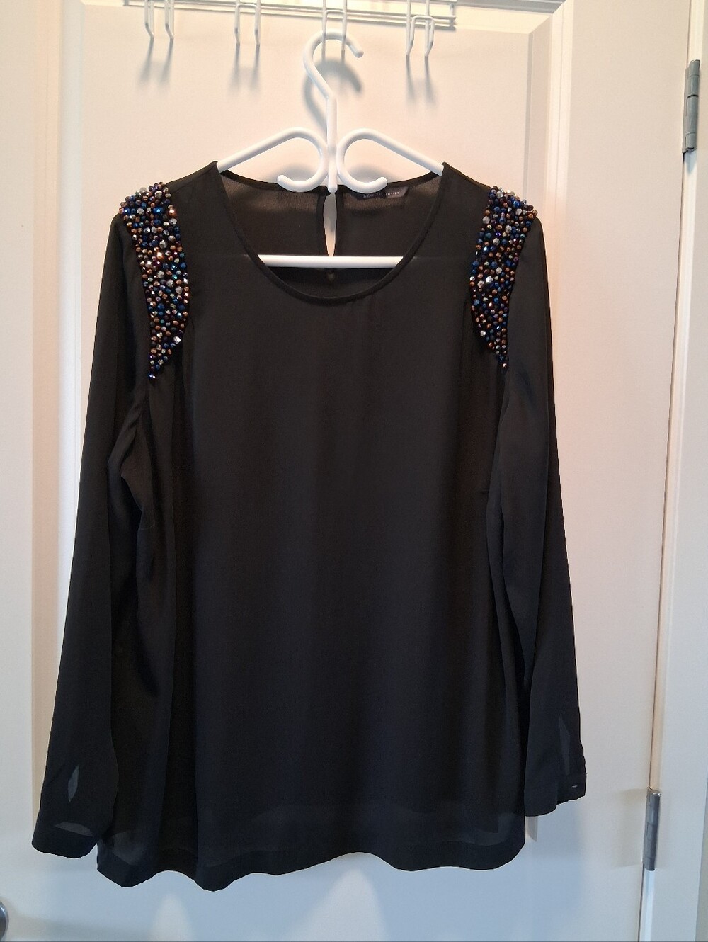 Black Beaded Shoulder Long-Sleeve Top